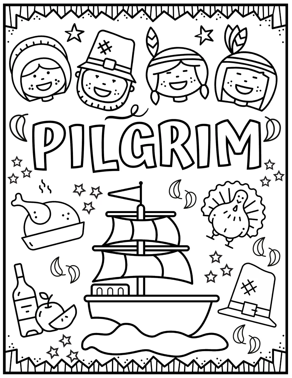 Pilgrim coloring page: students color a sailing ship, pilgrim and Native American faces, a roast bird, apple and hat