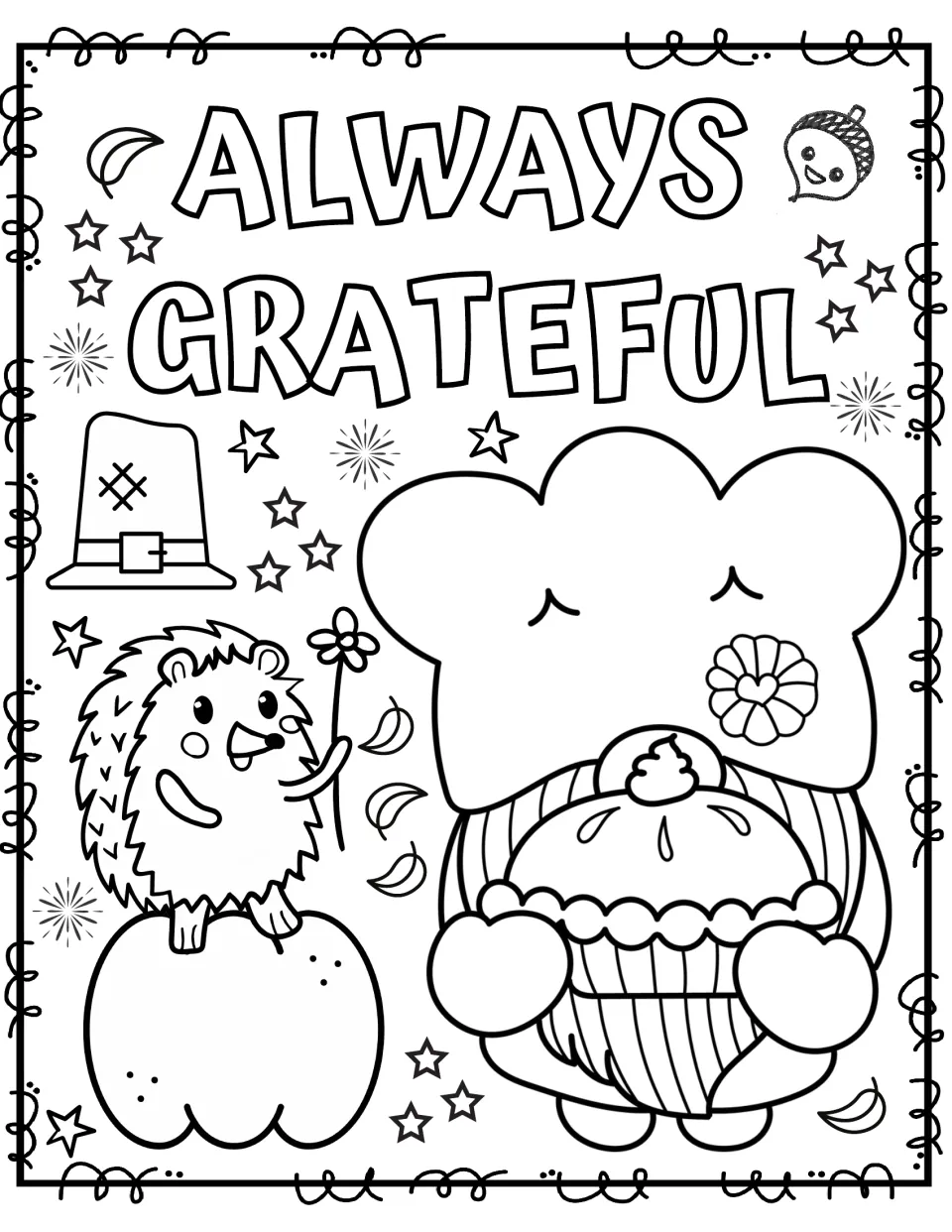Always Grateful coloring page: students color a gnome holding a pie, a hedgehog on a pumpkin and a pilgrim hat