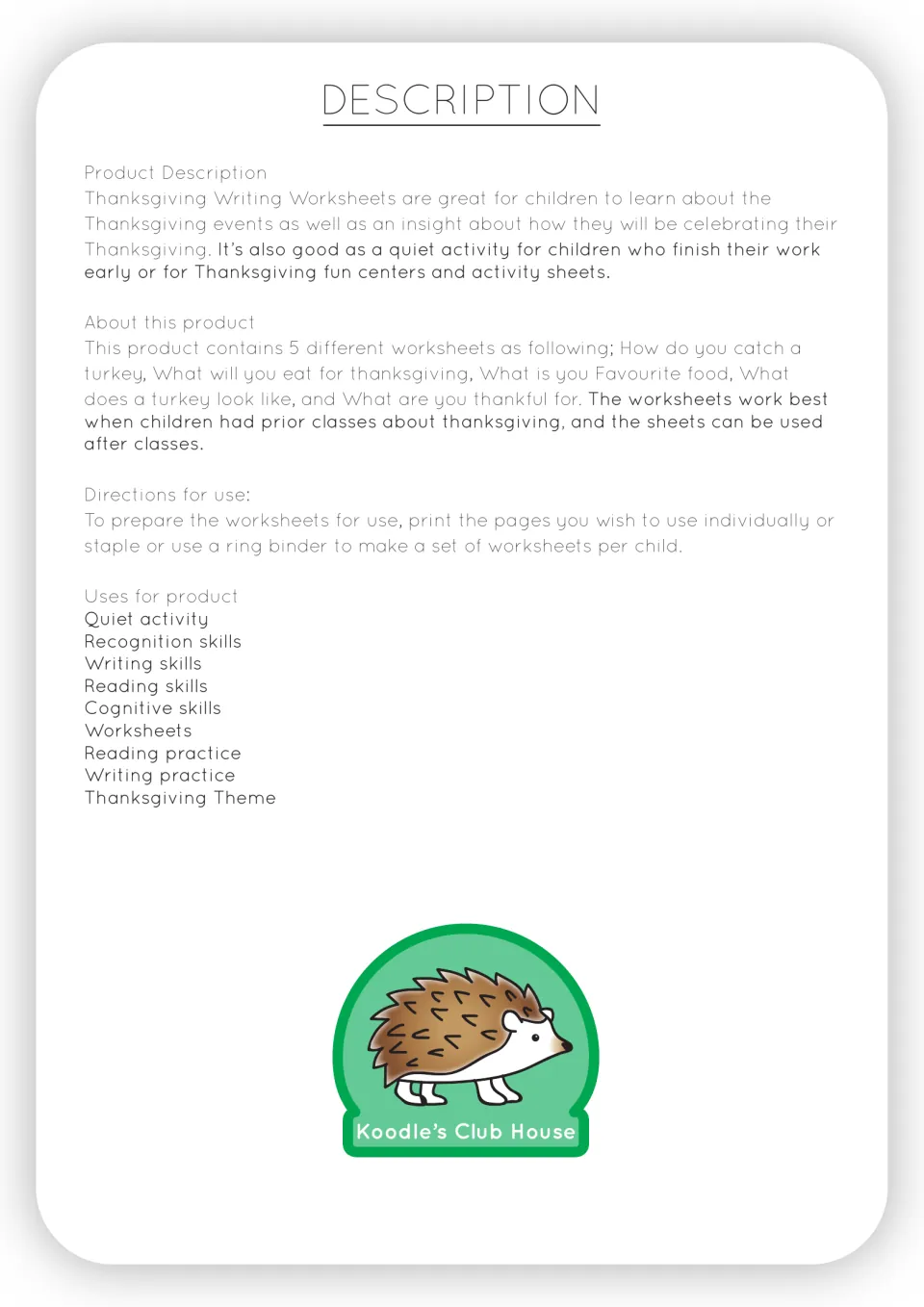 Product description listing the 5 Thanksgiving prompts, directions for printing or binding sets, and suggested uses