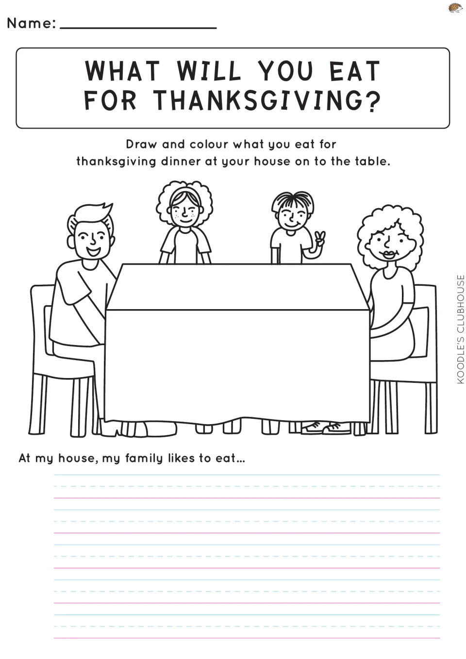 What will you eat for Thanksgiving? Students draw their family's meal on the table, then write about the foods they eat