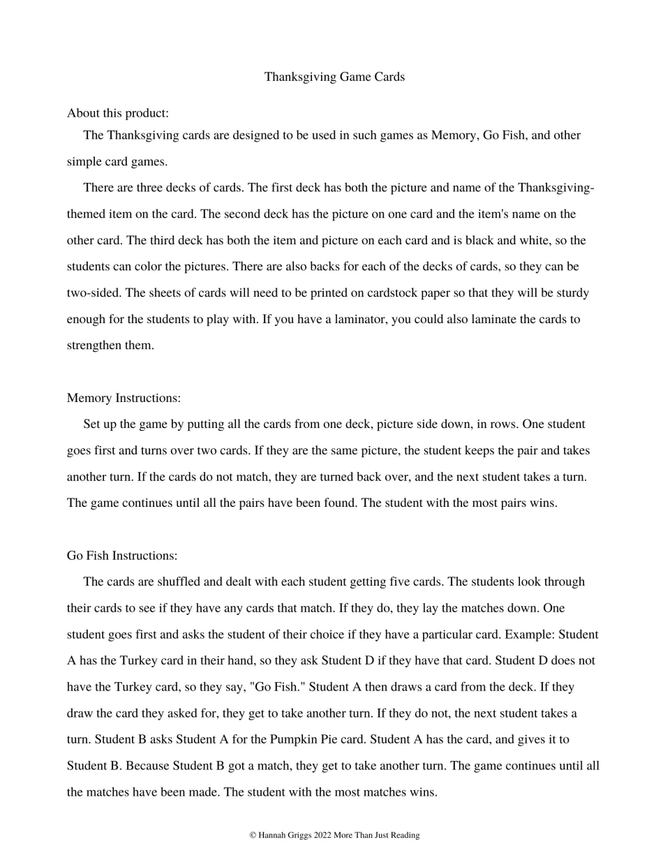 Instructions describe three Thanksgiving card decks, printing preparation, and rules for Memory and Go Fish