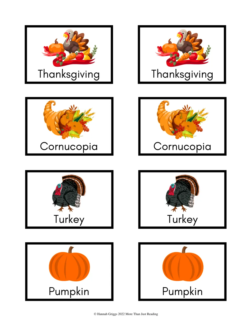 Thanksgiving color cards 1–8: matching picture-and-word pairs for Thanksgiving, Cornucopia, Turkey, and Pumpkin