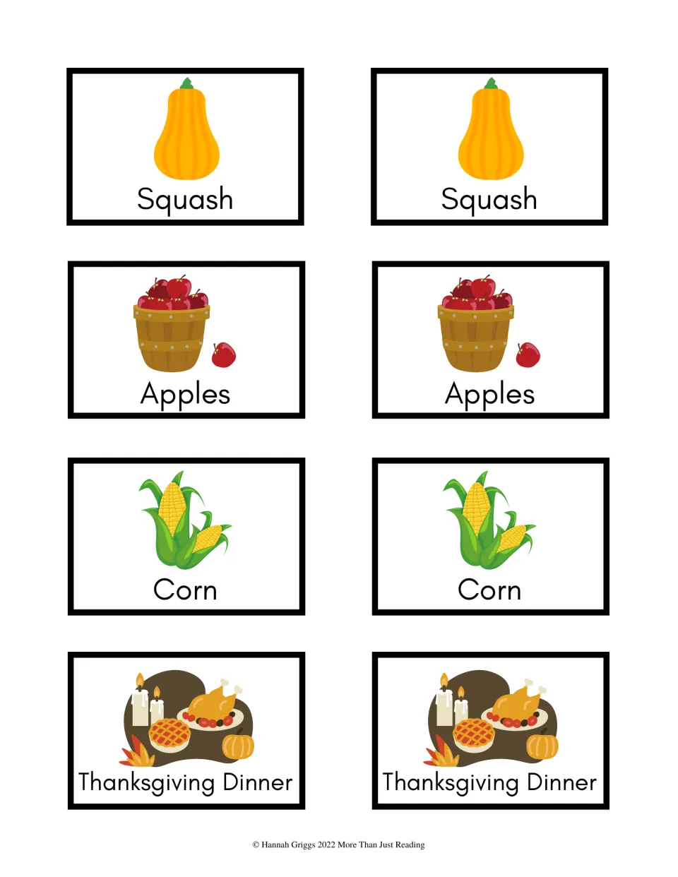 Thanksgiving color cards 9–16: matching picture-and-word pairs for Squash, Apples, Corn, and Thanksgiving Dinner
