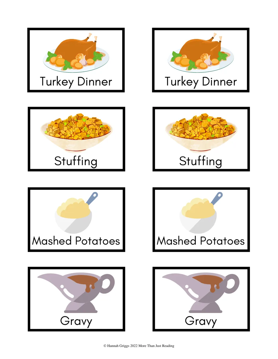 Thanksgiving color cards 17–24: matching pairs for Turkey Dinner, Stuffing, Mashed Potatoes, and Gravy