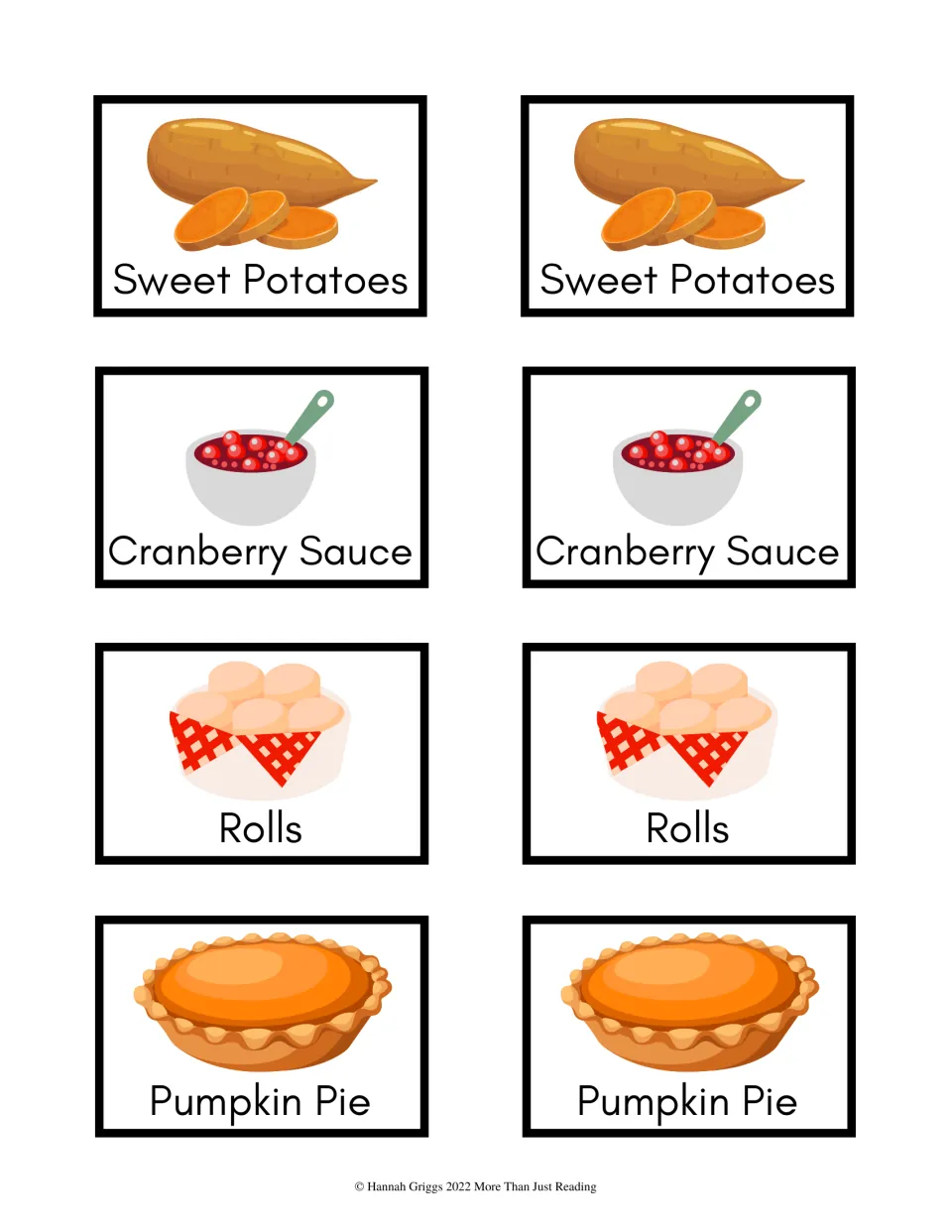 Thanksgiving color cards 25–32: matching pairs for Sweet Potatoes, Cranberry Sauce, Rolls, and Pumpkin Pie