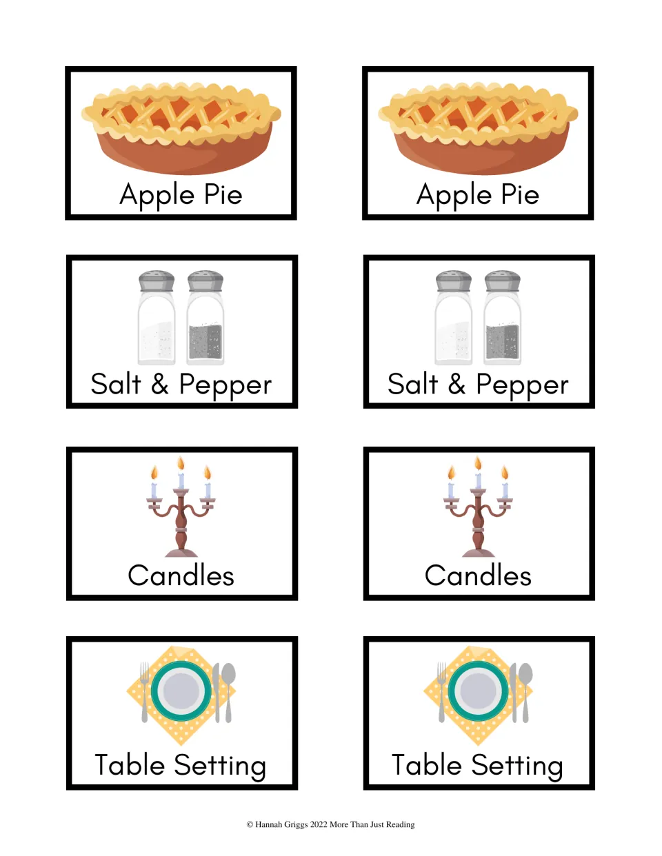 Thanksgiving color cards 33–40: matching pairs for Apple Pie, Salt & Pepper, Candles, and Table Setting