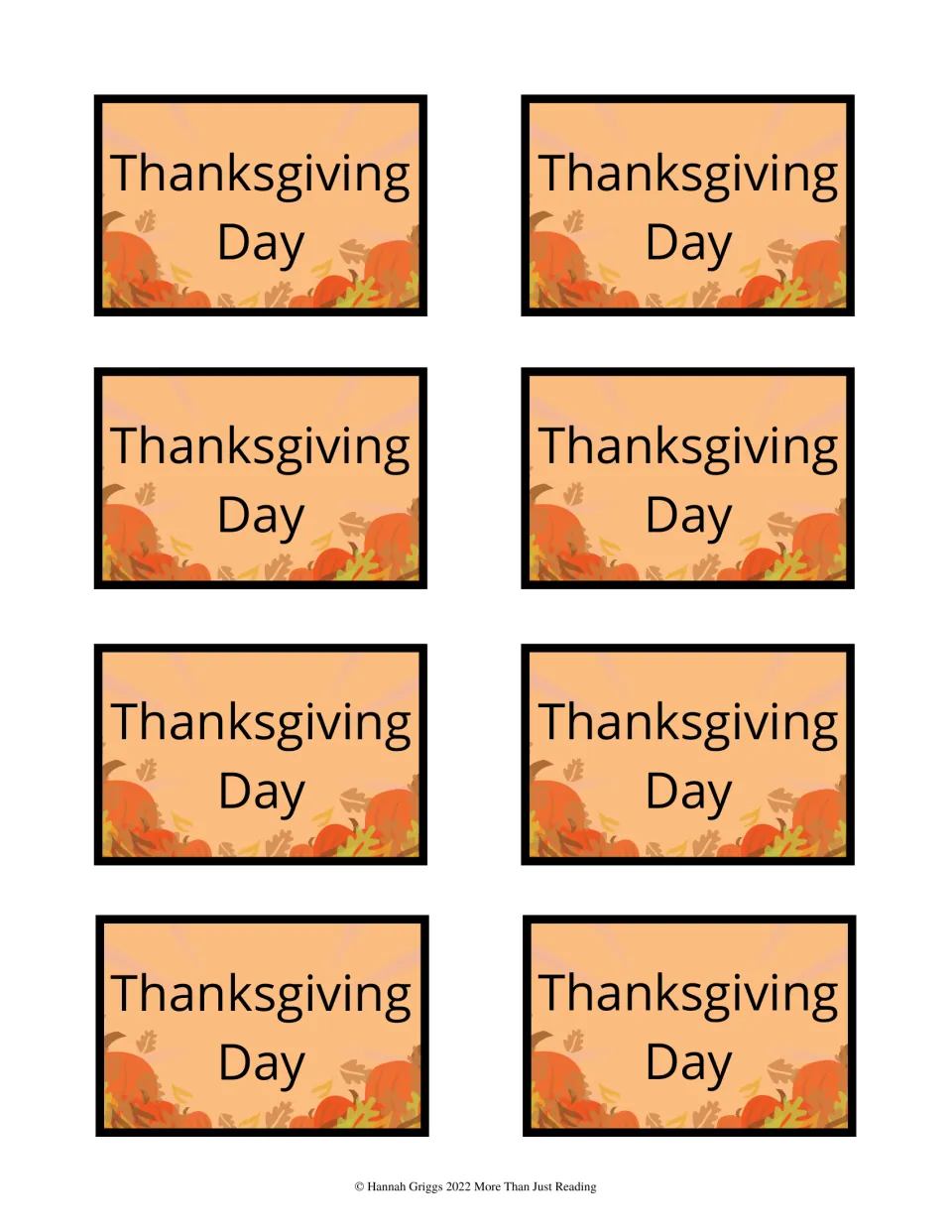 Eight matching card backs reading Thanksgiving Day for printing on the reverse of the color game cards