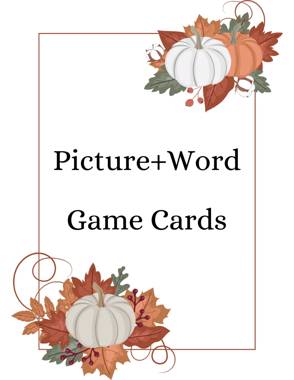 Picture+Word Game Cards divider introducing the deck that pairs Thanksgiving pictures with separate word cards