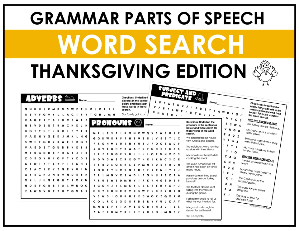Cover: Grammar Parts of Speech Word Search, Thanksgiving Edition, showing adverbs, pronouns and subject-predicate pages
