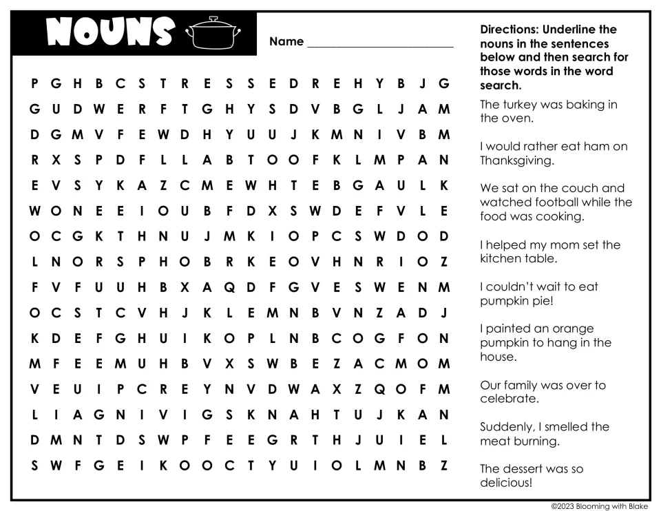 Nouns: students underline the nouns in 9 Thanksgiving sentences, like turkey and oven, then find them in the word search