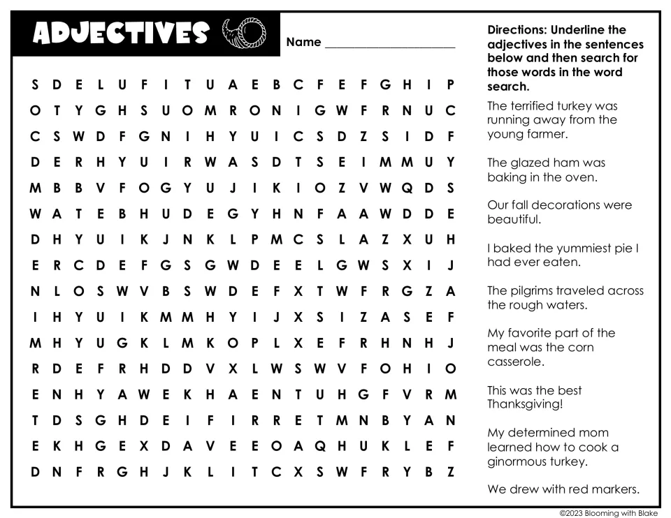 Adjectives: students underline describing words such as terrified, glazed and ginormous, then locate them in the word search