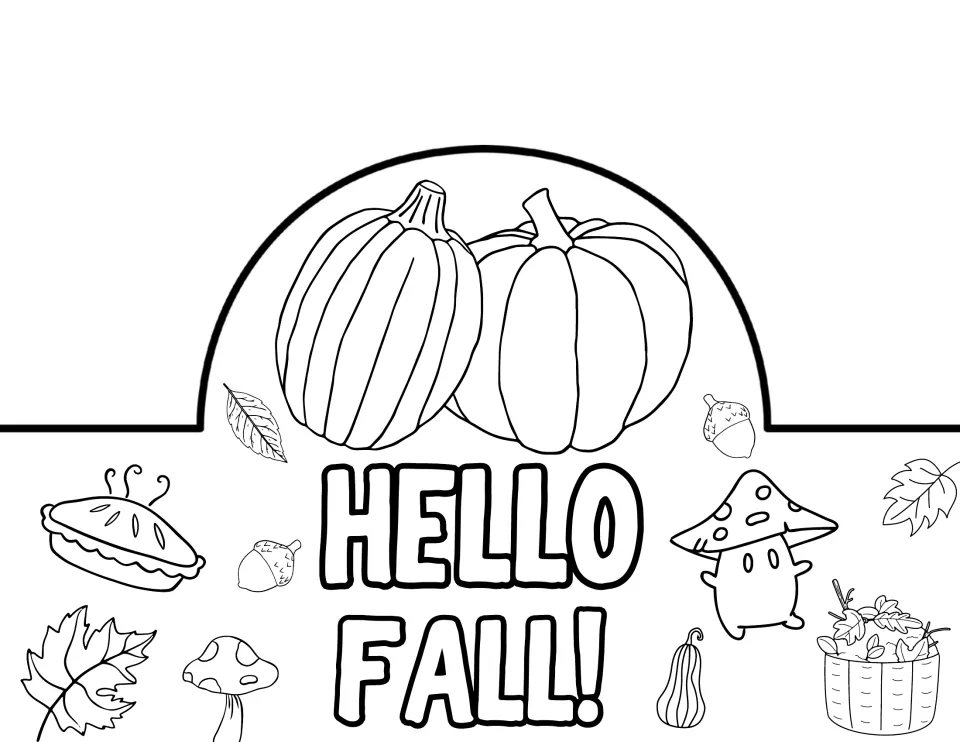 Hello Fall! crown front to color and cut out, showing two pumpkins, a smiling mushroom character, pie and acorns