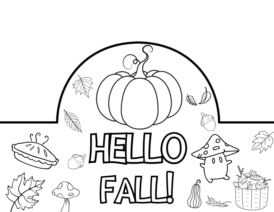 Hello Fall! crown front to color and cut out, with one curly-vined pumpkin, falling leaves and a mushroom character