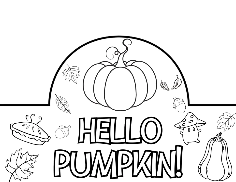 Hello Pumpkin! crown front to color and cut out: a single curly-vined pumpkin, a tall squash, pie and a mushroom friend
