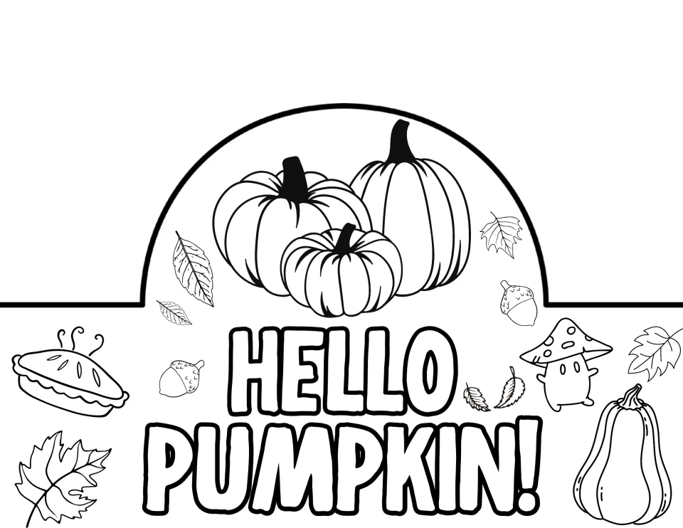 Hello Pumpkin! crown front to color and cut out, featuring a cluster of three pumpkins with leaves, acorns and a squash