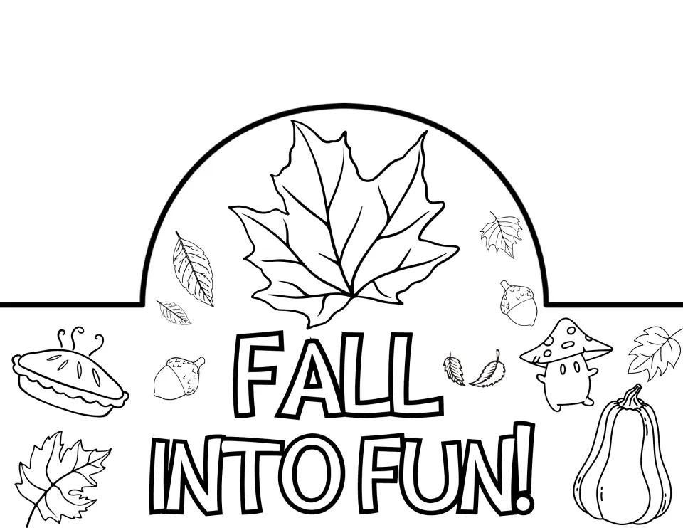 Fall Into Fun! crown front in a narrower letter style to color and cut out, topped by a big maple leaf and small acorns