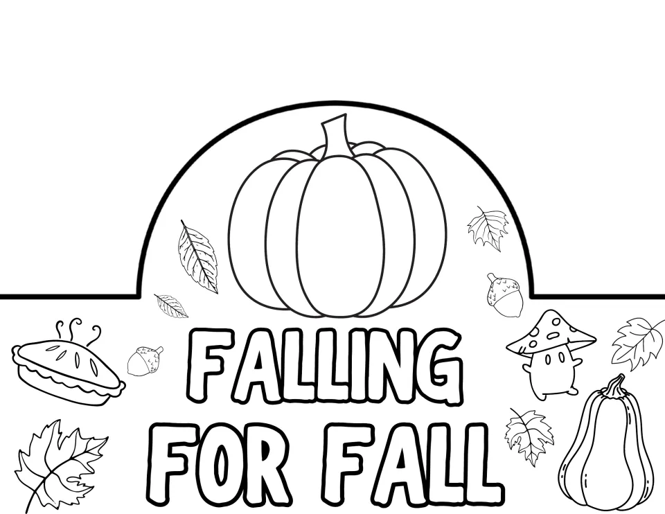 Falling for Fall crown front to color and cut out, with one round pumpkin above the bold lettering and leaves around it