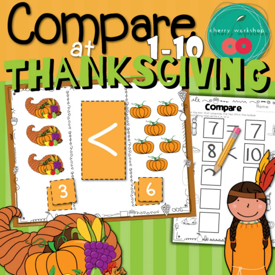 Cover for Thanksgiving number comparisons 1–10, showing a 3 < 6 picture comparison and worksheet sample