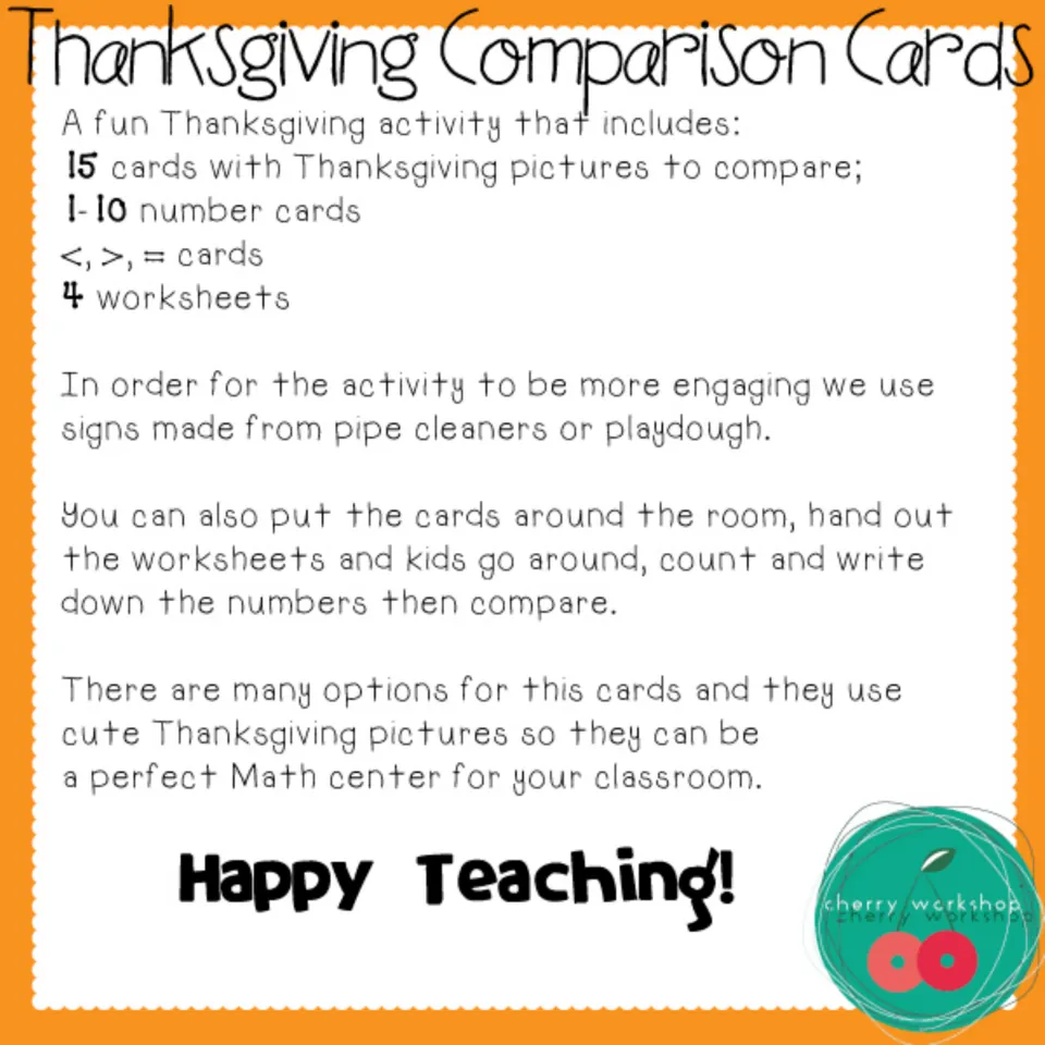 Activity directions list 15 comparison cards, number cards 1–10, comparison symbols, and 4 worksheets
