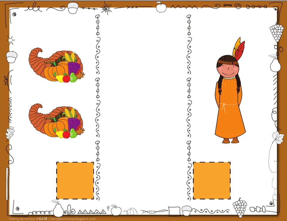 Thanksgiving comparison card 1: count 2 cornucopias and 1 figure wearing feathers, then compare the totals