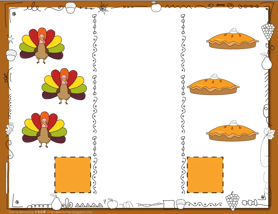 Thanksgiving comparison card 2: count 3 turkeys and 3 pies, then compare the two equal picture groups