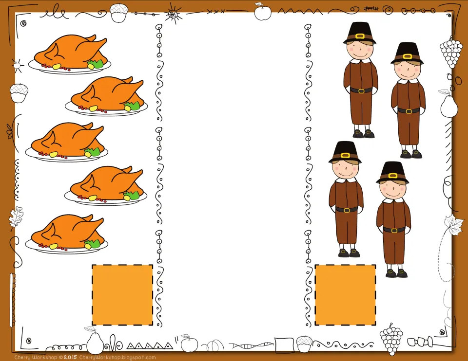Thanksgiving comparison card 3: count 5 roasted turkeys and 4 Pilgrim figures, then compare the totals