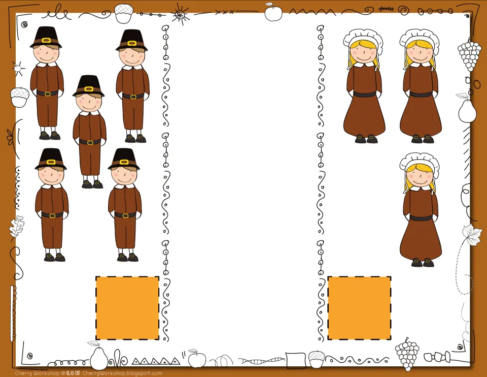 Thanksgiving comparison card 4: count 5 Pilgrim figures in hats and 3 in bonnets, then compare totals