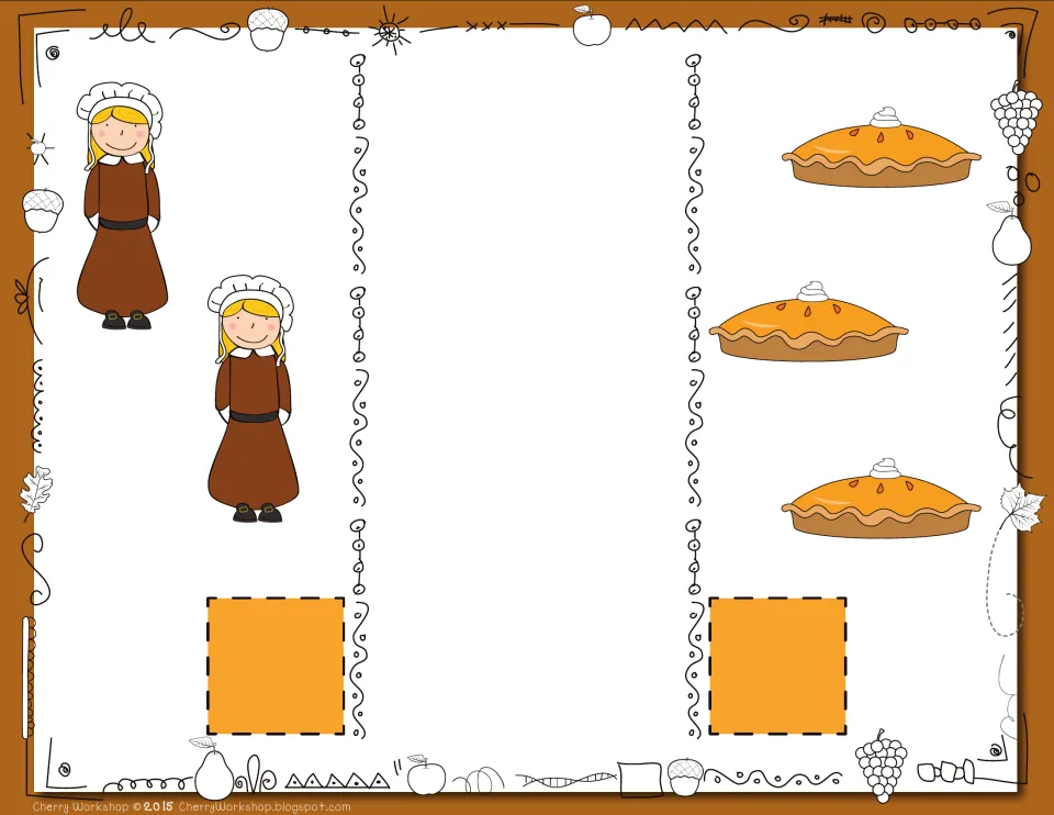 Thanksgiving comparison card 5: count 2 Pilgrim figures wearing bonnets and 3 pies, then compare totals