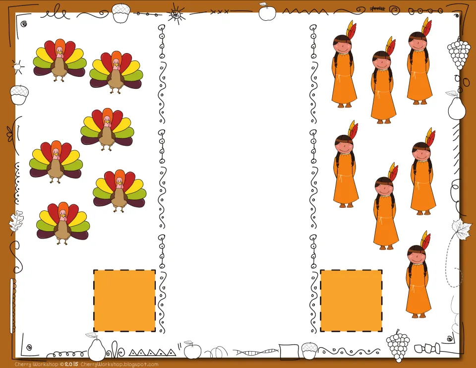Thanksgiving comparison card 6: count 6 turkeys and 7 figures wearing feathers, then compare the totals