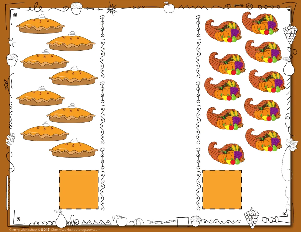 Thanksgiving comparison card 7: count 8 pies and 10 cornucopias, then compare the two picture groups