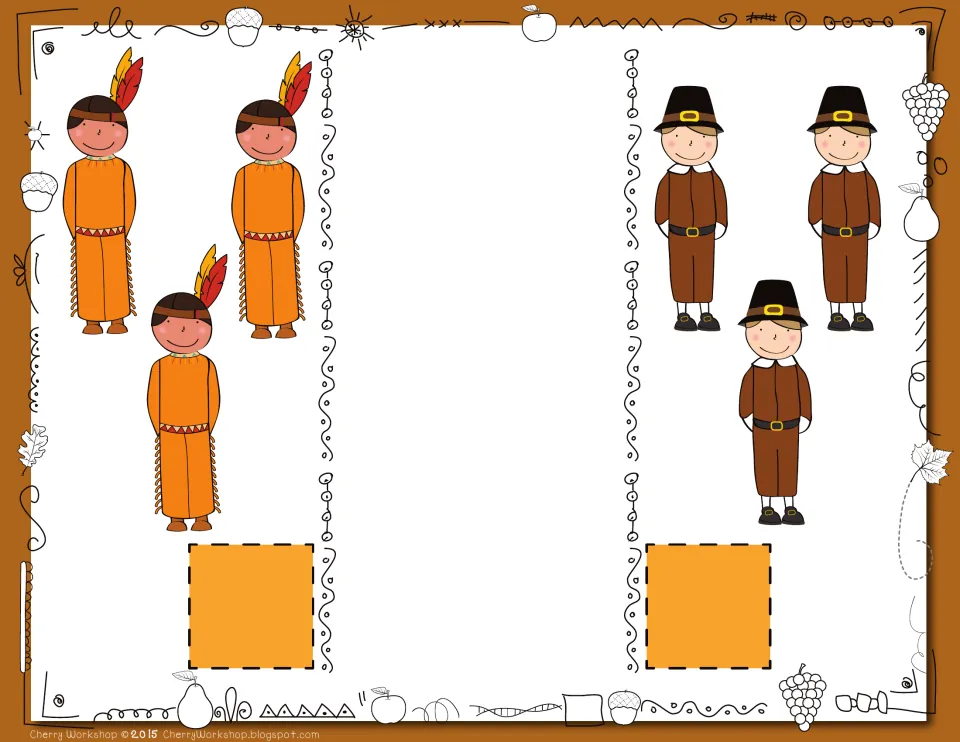 Thanksgiving comparison card 8: compare 3 figures wearing feathers with 3 figures wearing Pilgrim hats