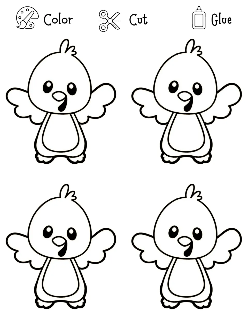 Color, cut and glue turkey craft: four cartoon turkey outlines with wings and wattles for students to color and cut out