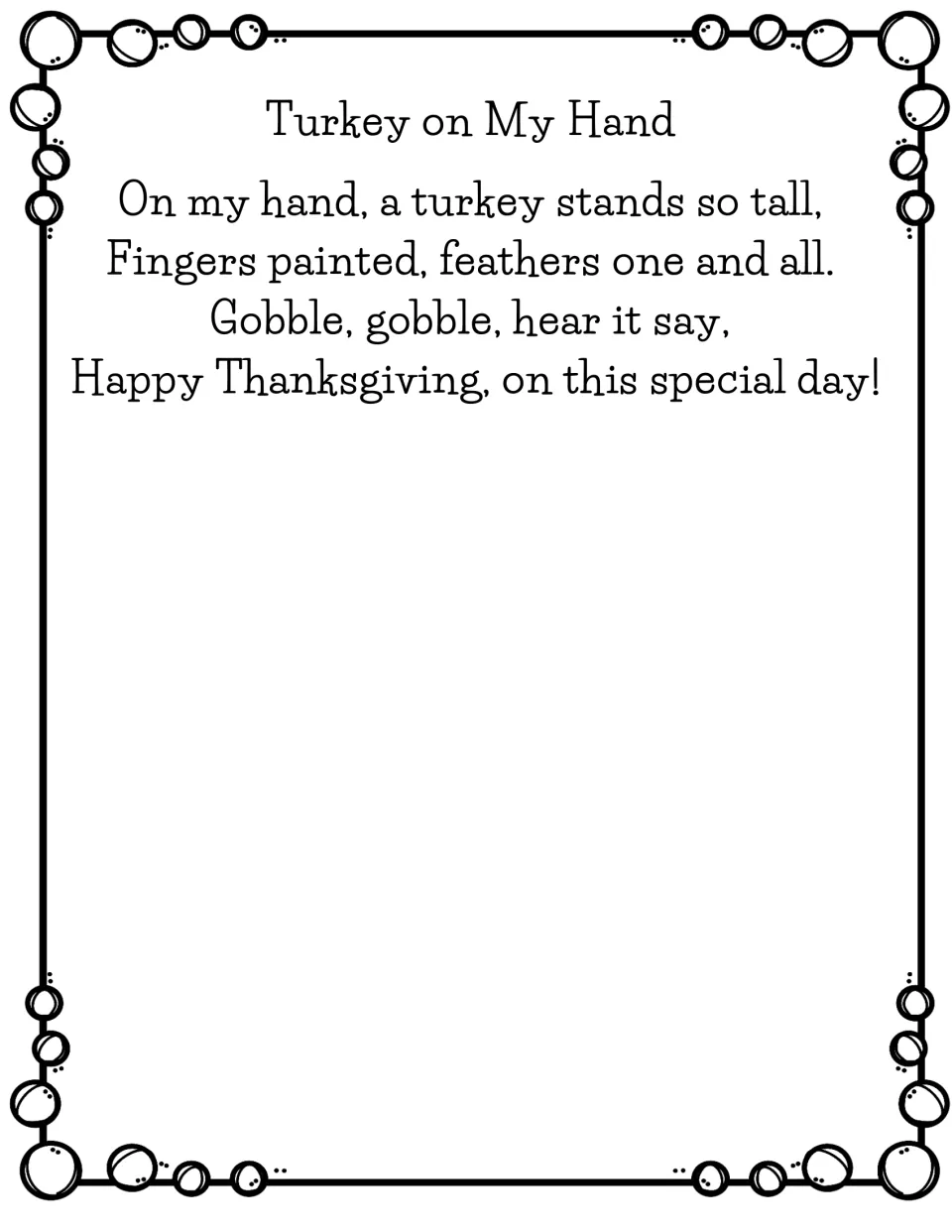 Turkey on My Hand: a four-line rhyming poem about a painted-finger turkey saying gobble and Happy Thanksgiving