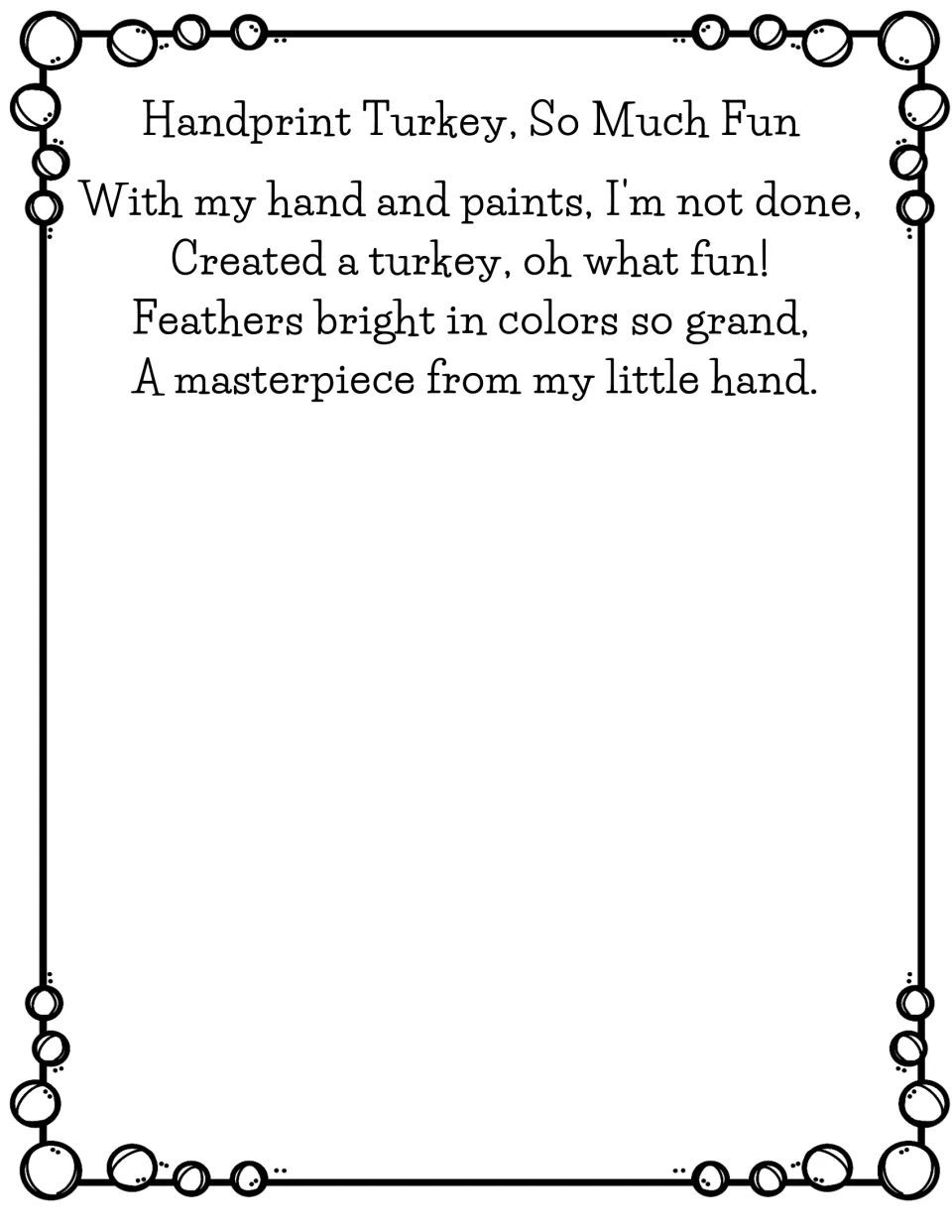 Handprint Turkey, So Much Fun: a short rhyming poem about painting a turkey with bright feathers from a little hand