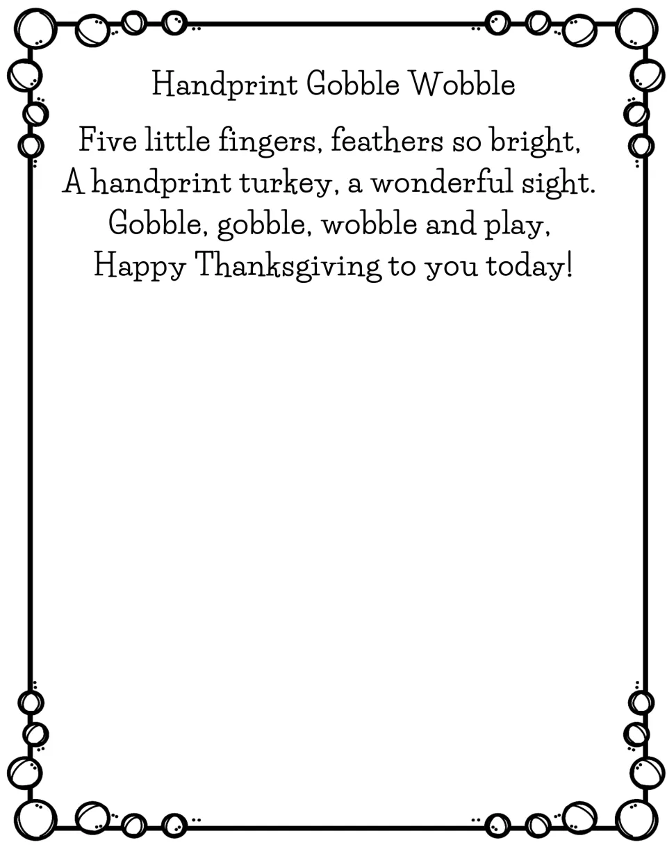 Handprint Gobble Wobble: a rhyming poem about five little fingers as bright feathers on a handprint turkey