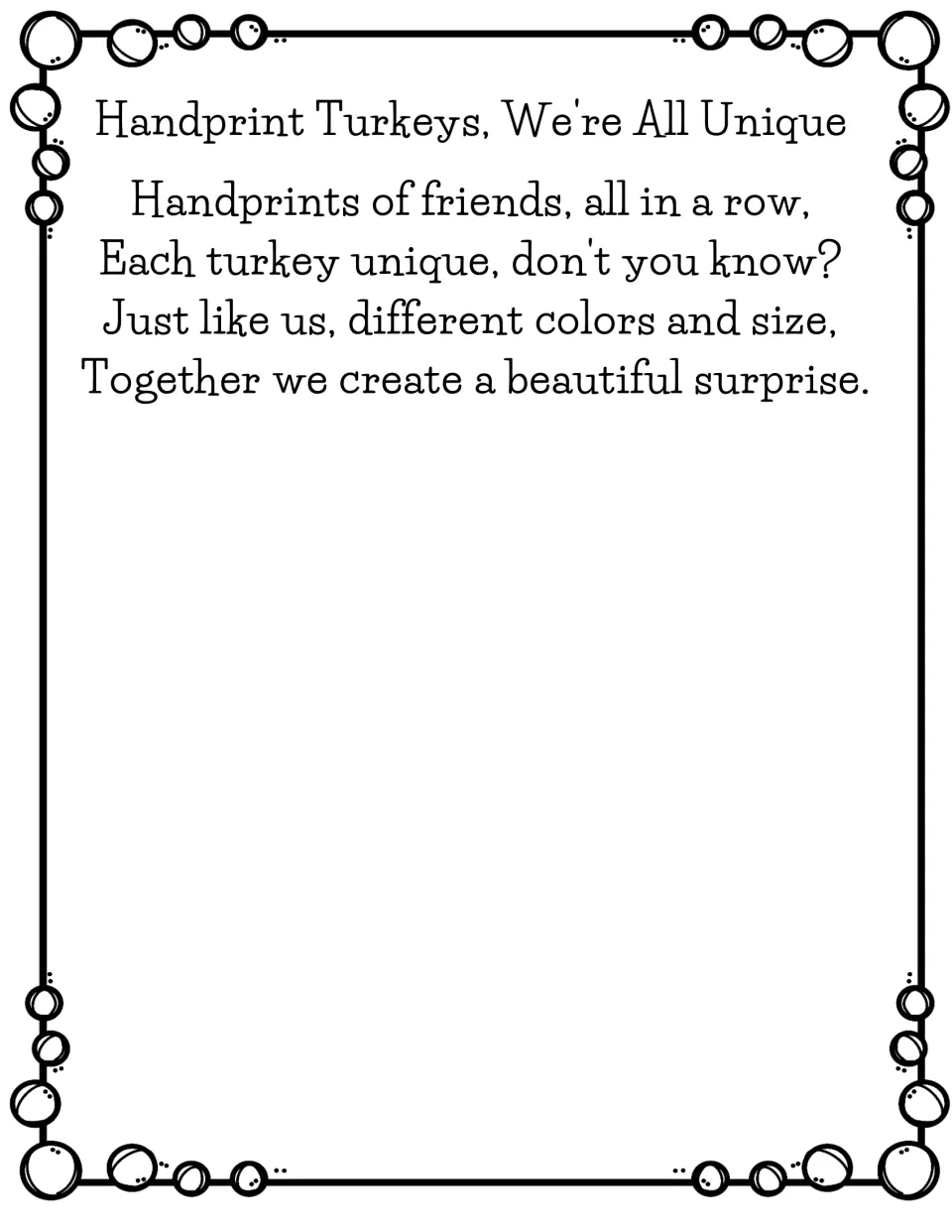 Handprint Turkeys, We're All Unique: a poem about friends' handprints in a row, each turkey a different color and size