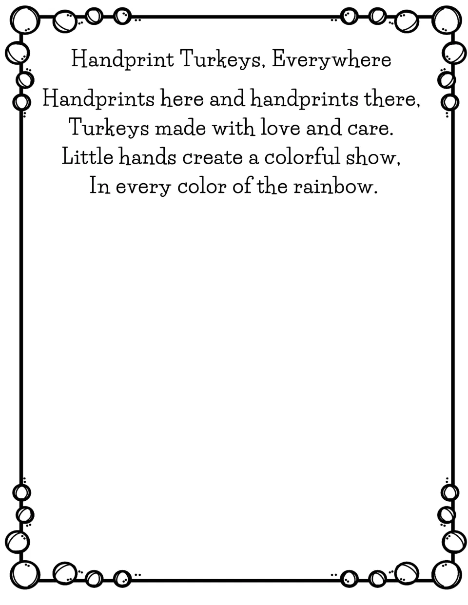 Handprint Turkeys, Everywhere: a rhyming poem about little hands making turkeys in every color of the rainbow