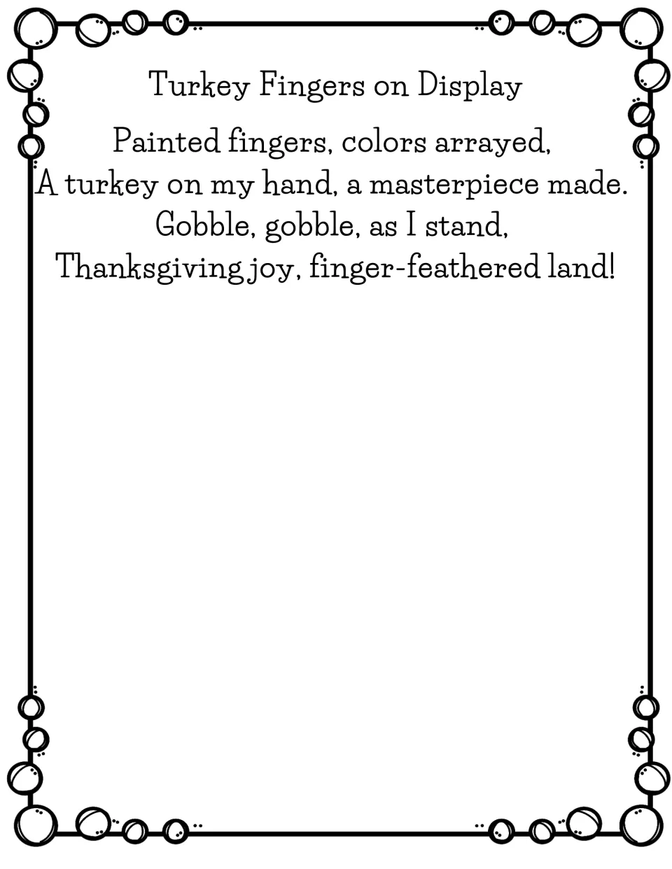 Turkey Fingers on Display: a four-line poem about painted fingers forming a turkey, with a gobble, gobble refrain