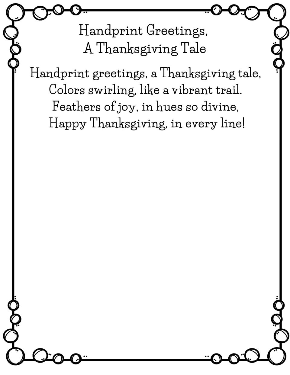 Handprint Greetings, A Thanksgiving Tale: a rhyming poem about swirling colors and feathers of joy on a handprint