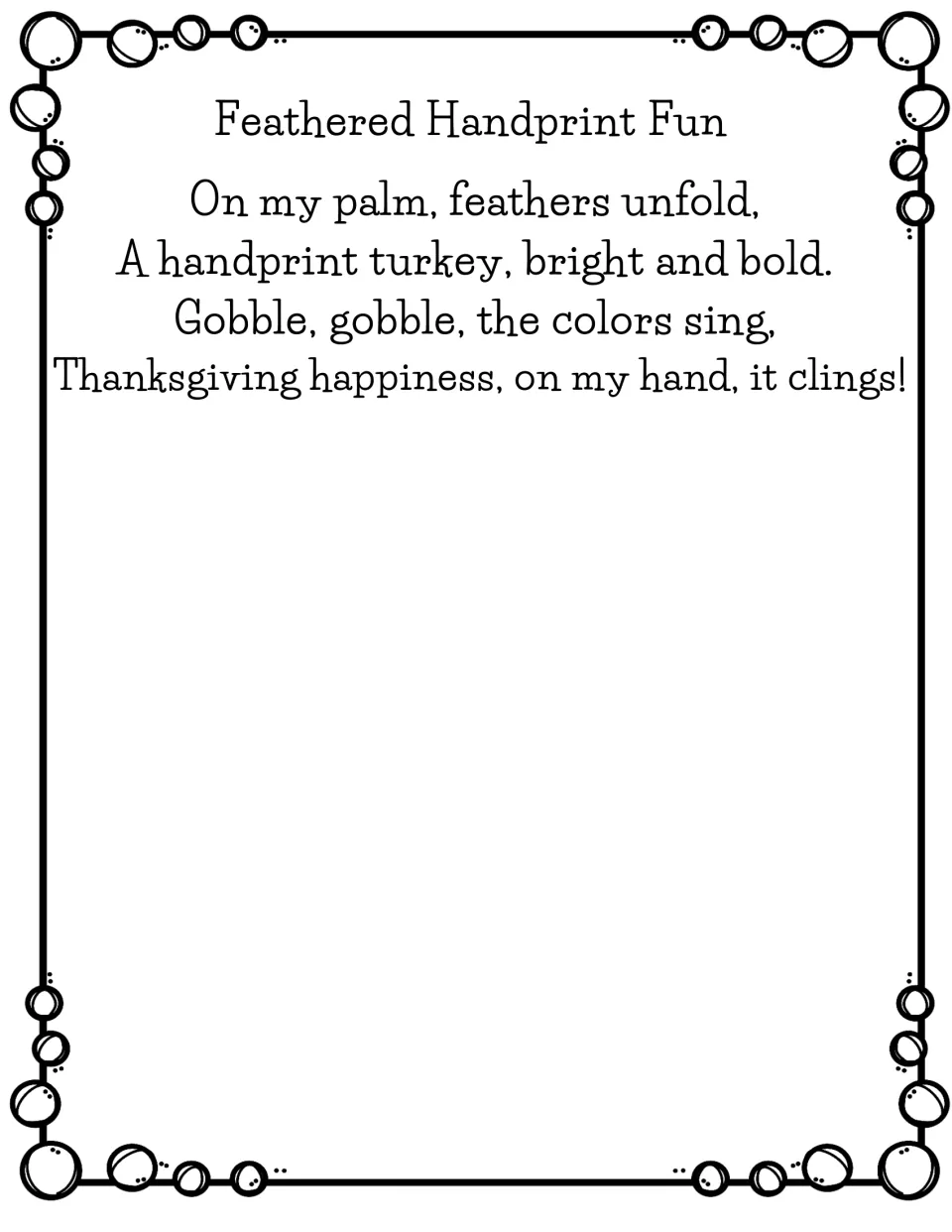 Feathered Handprint Fun: a short poem about feathers unfolding on a palm to make a bright, bold handprint turkey