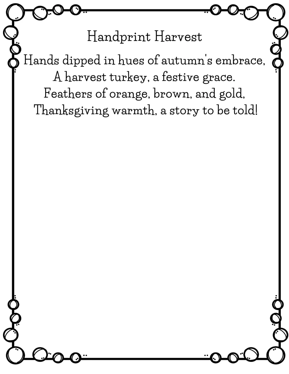 Handprint Harvest: a rhyming poem about hands dipped in autumn hues making a turkey of orange, brown and gold feathers