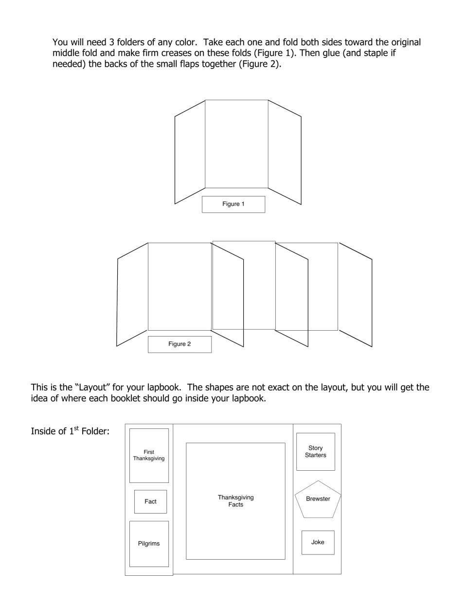 Lapbook assembly directions for three folders, plus first-folder placement for facts, Pilgrims, and story starters
