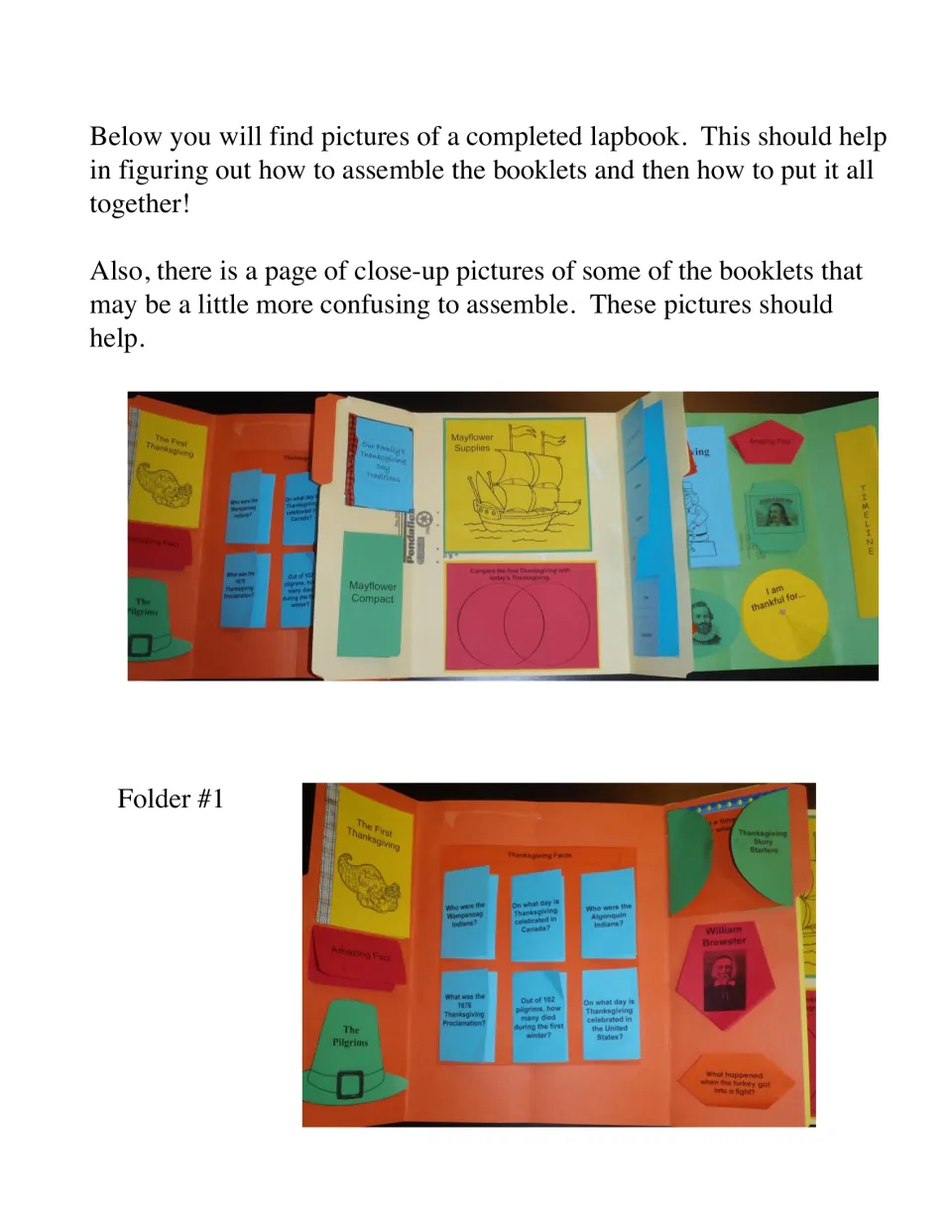 Completed lapbook examples show the connected folders and a closer view of folder one with Thanksgiving facts