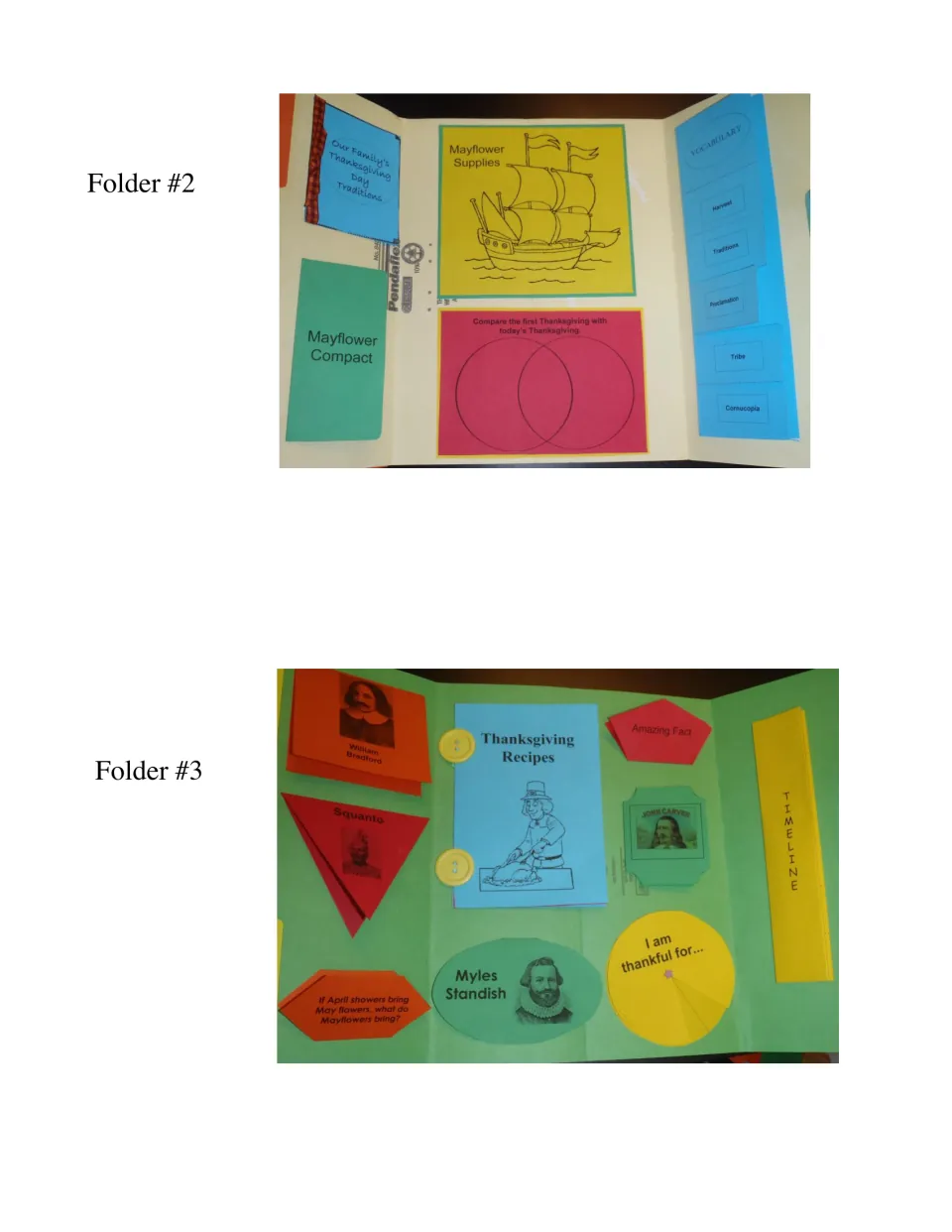 Completed lapbook folders two and three show Mayflower supplies, a comparison diagram, recipes, and gratitude