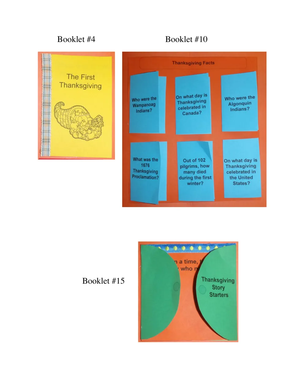 Lapbook assembly close-ups show booklet 4 on the first Thanksgiving, booklet 10 facts, and booklet 15 story starters