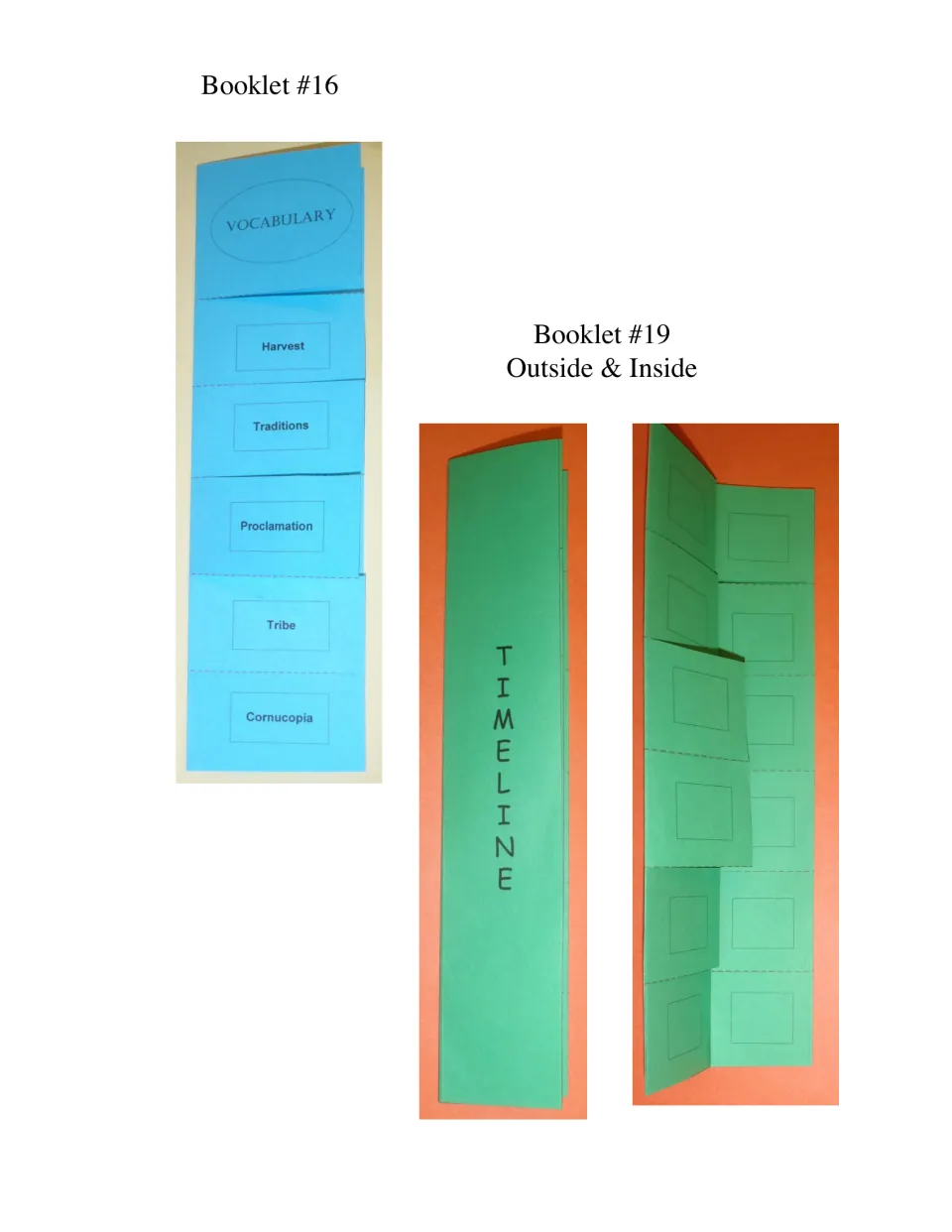 Lapbook assembly close-ups show booklet 16 vocabulary flaps and booklet 19 timeline from the outside and inside