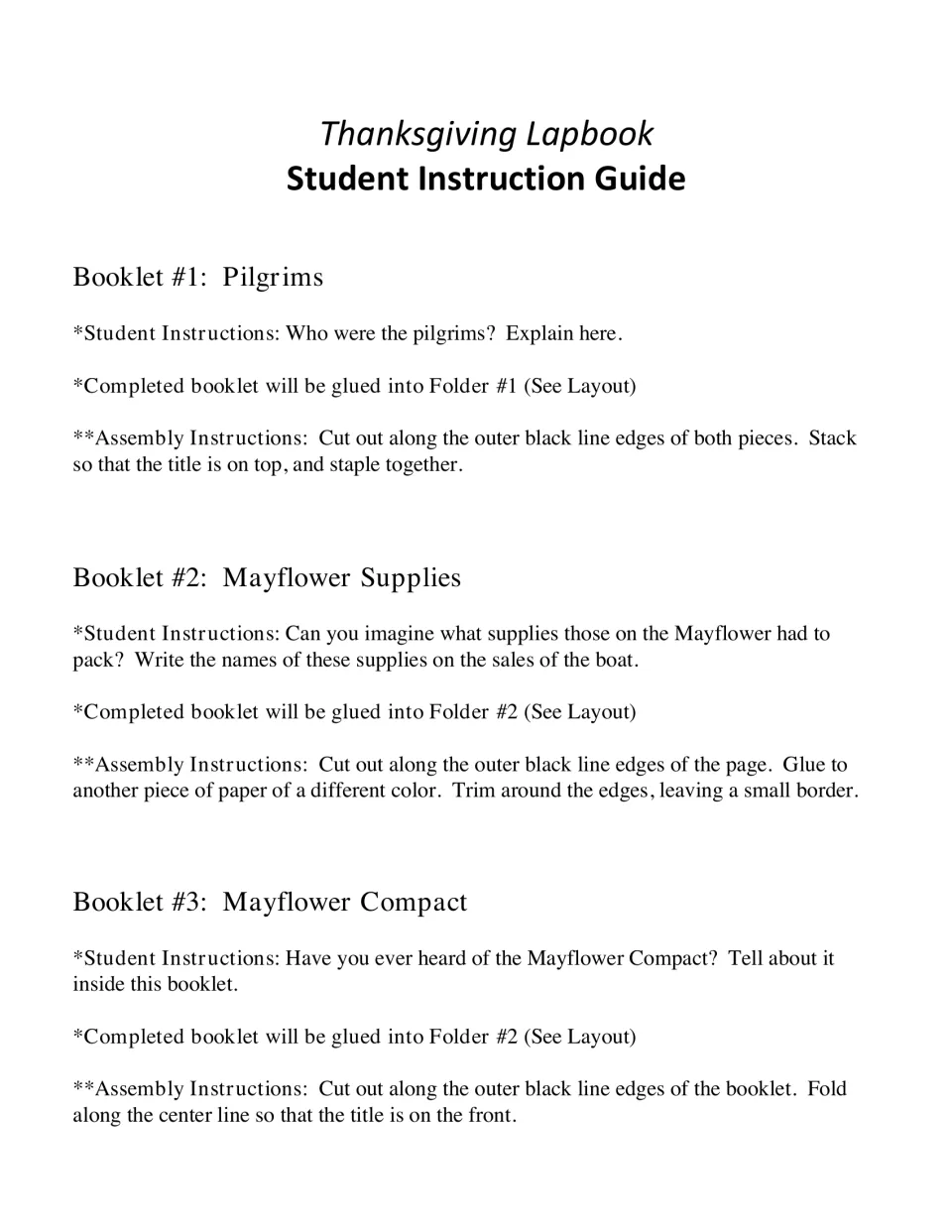 Student directions for lapbook booklets 1–3 cover Pilgrims, Mayflower supplies, and the Mayflower Compact