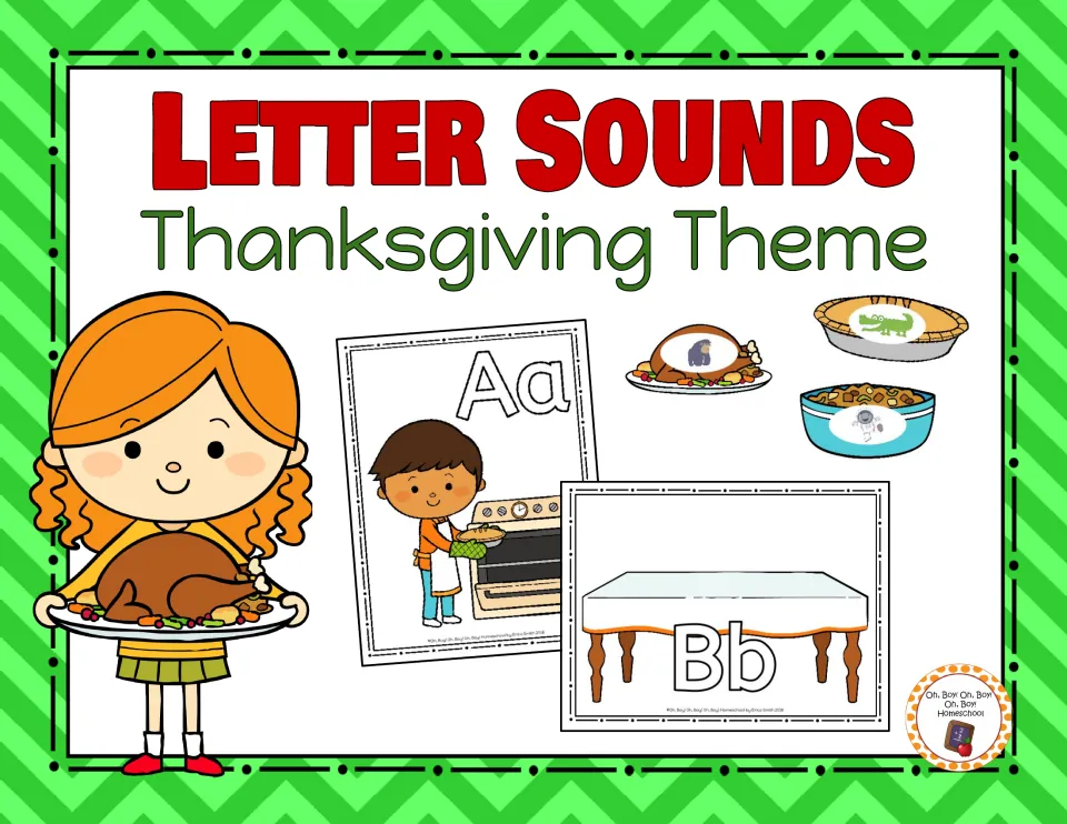 Cover of the Thanksgiving letter-sound packet showing sample Aa and Bb cards and food-shaped picture cards