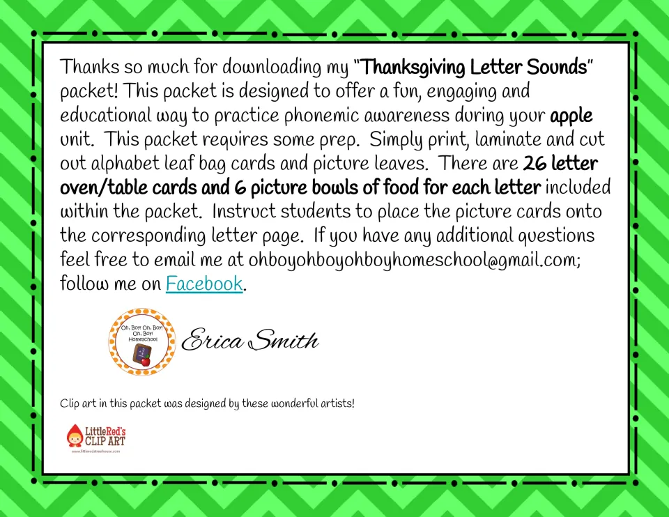 Packet instructions specify 26 letter cards, six pictures per letter, and matching pictures to letter pages