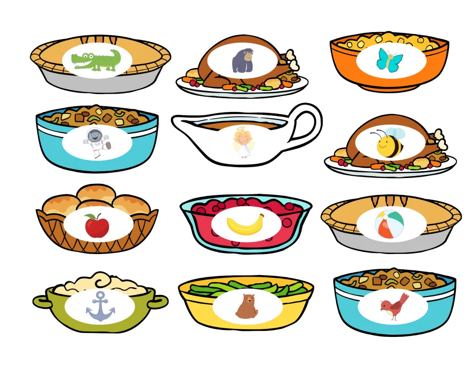Twelve food-shaped picture cards for matching to A and B, including alligator, astronaut, apple and bee